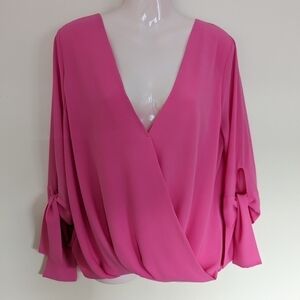 Naked ZEBRA Hot Bright Bold Pink Blouse Plunging V Neckline Large